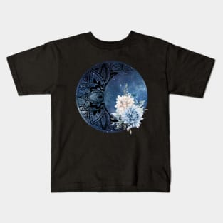 Mandala Moon Design Flower Blue and Beige Flowers Kids T-Shirt